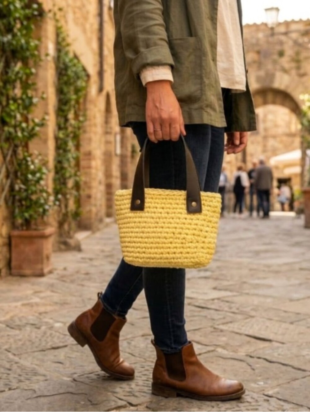 Handmade Crochet Mini Bucket Bag Genuine Leather Handles Butter Yellow